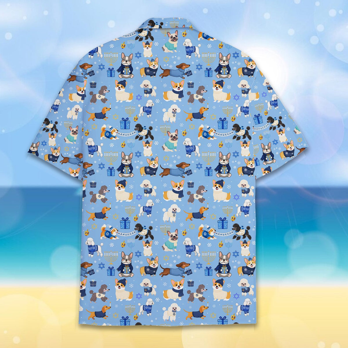 Front detail of family matching hawaiian shirts with Hanukkah theme