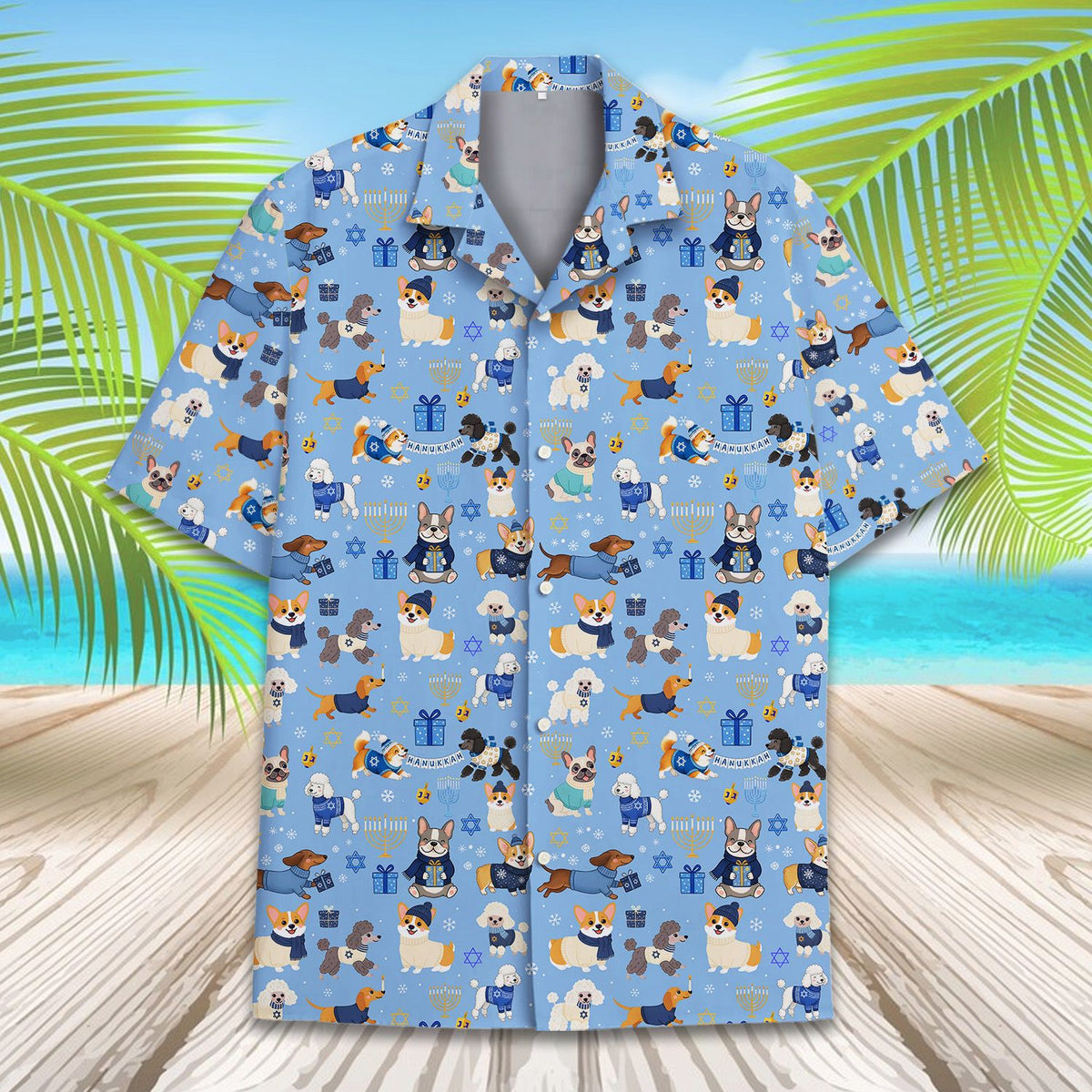 Front view of Hanukkah dogs matching family hawaiian shirts