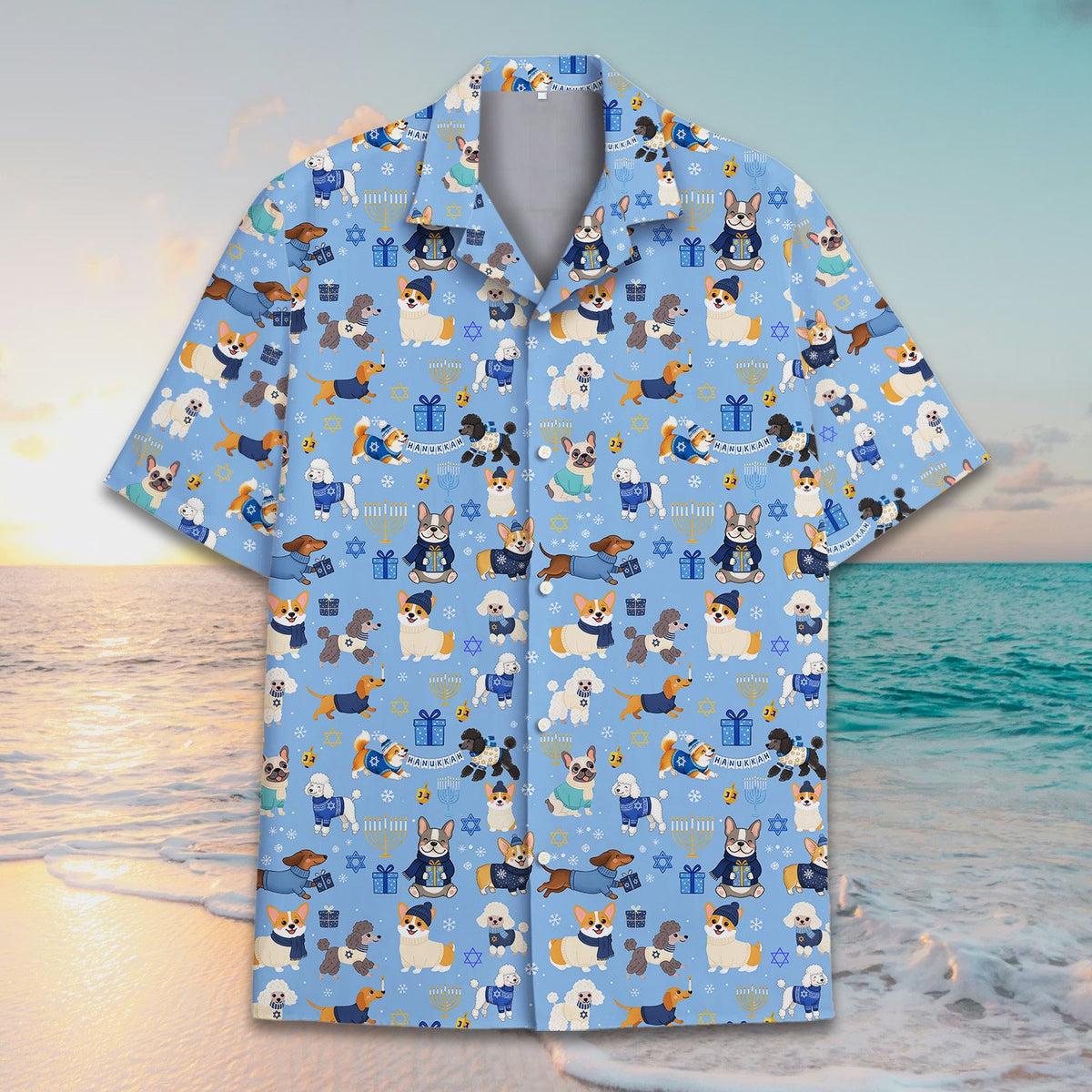 Main view of Hanukkah dogs hawaiian shirt in light blue and multicolor