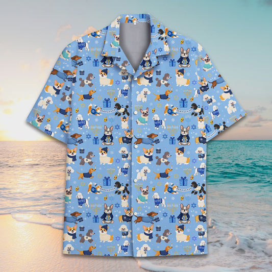 Main view of Hanukkah dogs hawaiian shirt in light blue and multicolor