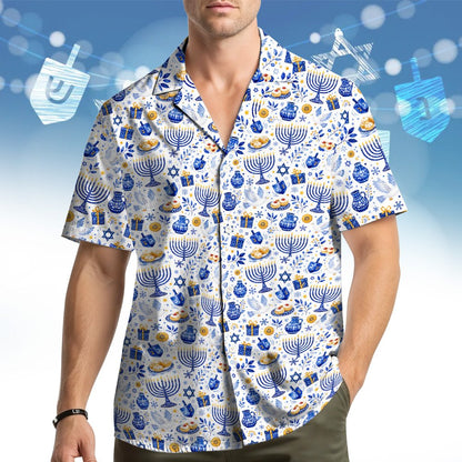 Close-up back view of the matching family Hanukkah Hawaiian shirt