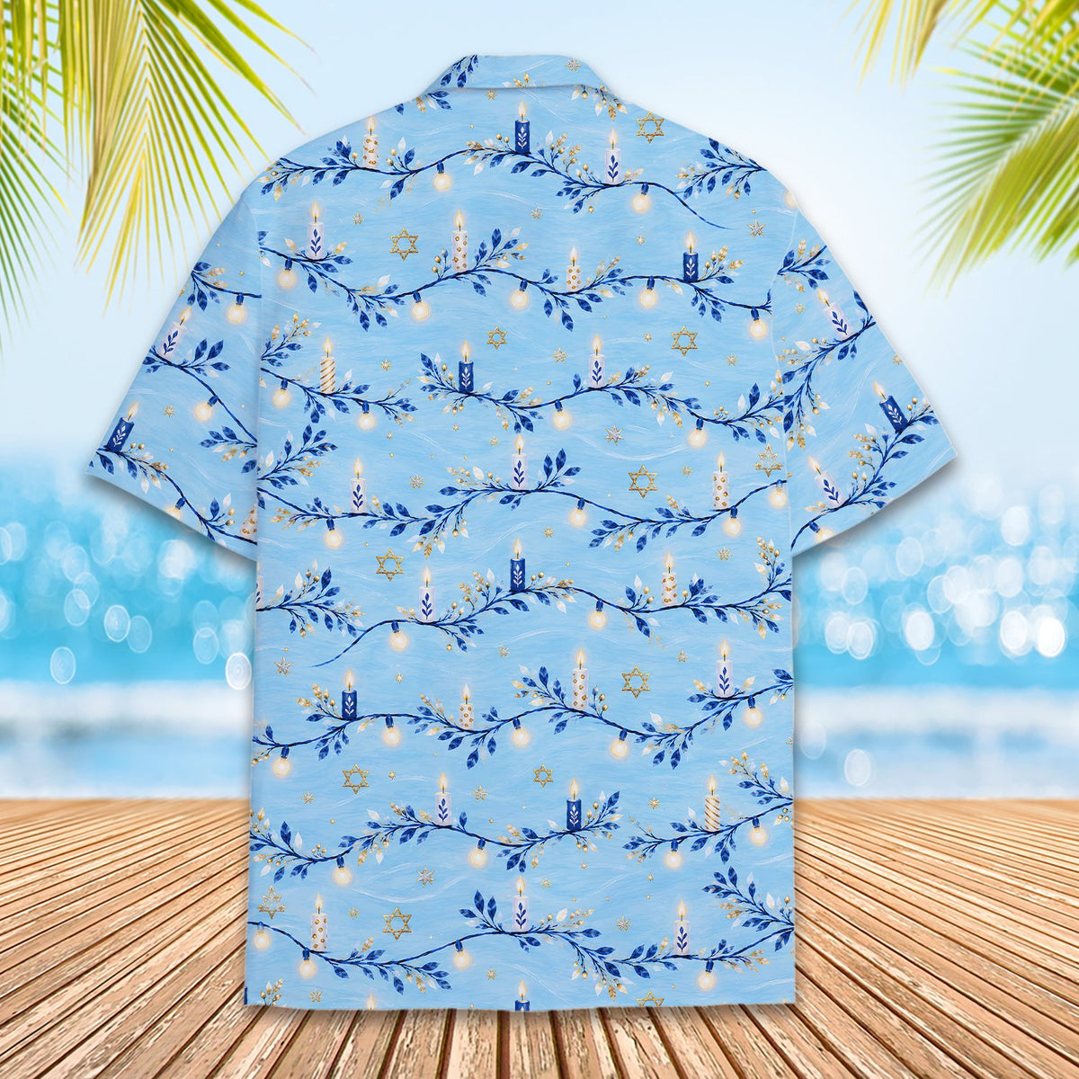 Second back view of the light blue holiday hawaiian shirt