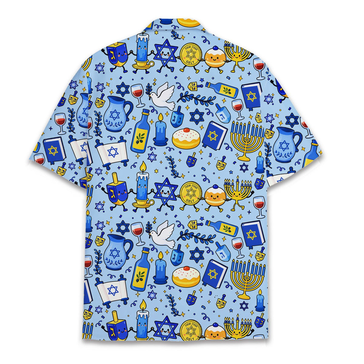 Back view of the light blue hanukkah hawaiian shirt