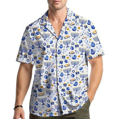 Back view of the white Hanukkah Hawaiian shirt showcasing the continuous all-over holiday pattern
