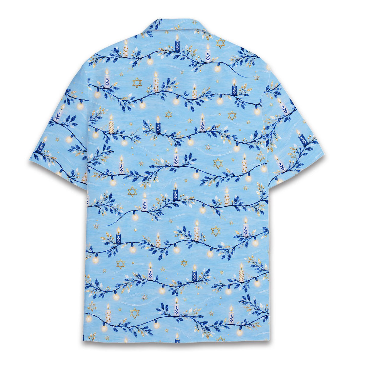 Back view of the hanukkah hawaiian shirt showing the all-over star and candle print