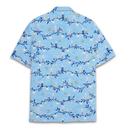 Back view of the hanukkah hawaiian shirt showing the all-over star and candle print