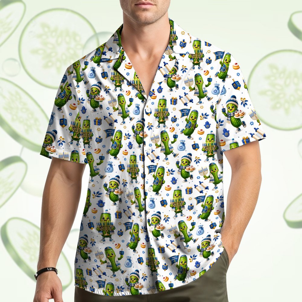 Back view of the Hanukkah hawaiian shirt with repeating pickle pattern