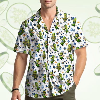 Back view of the Hanukkah hawaiian shirt with repeating pickle pattern