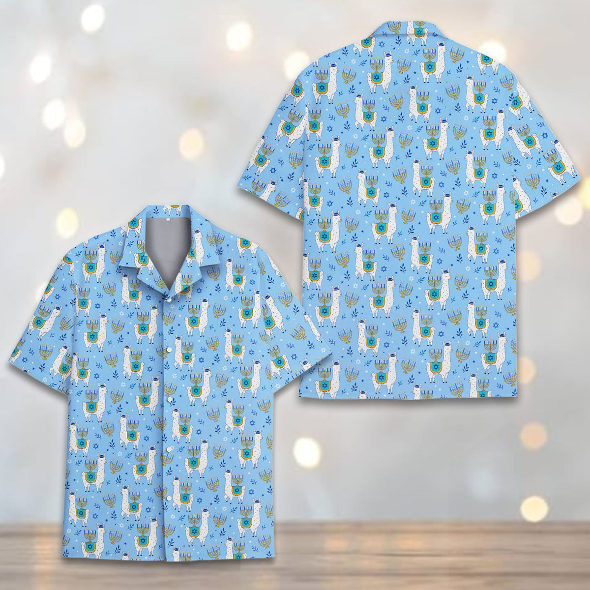 Back view of the hanukkah hawaiian shirt with llama pattern.