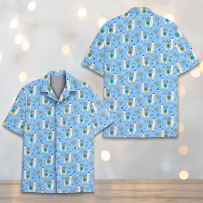 Back view of the hanukkah hawaiian shirt with llama pattern.