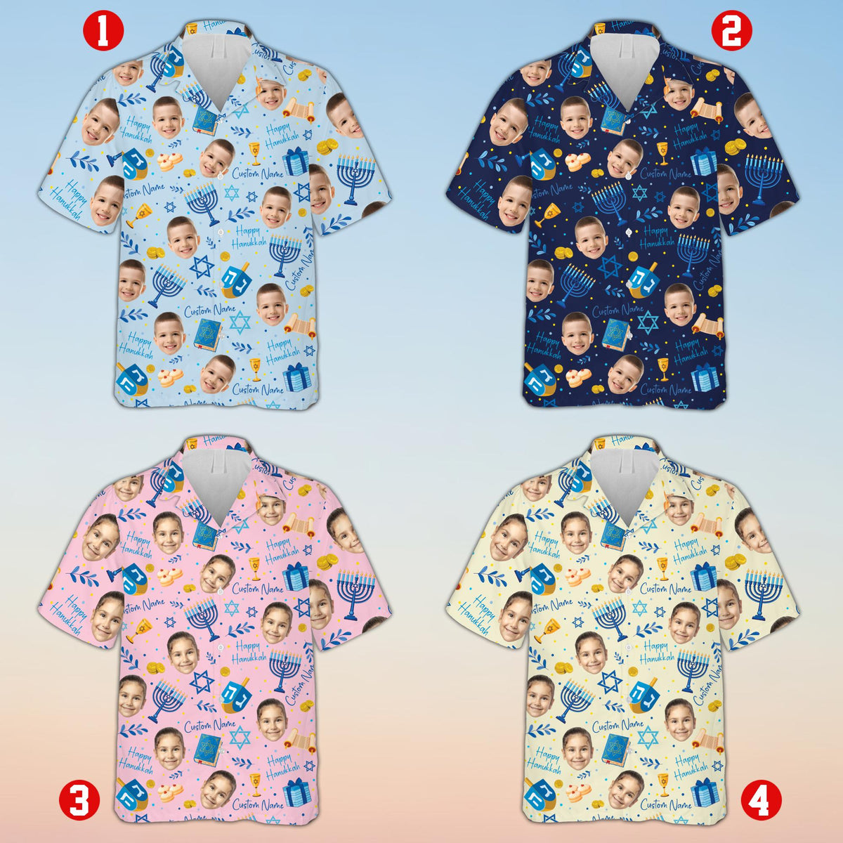 Multicolor hanukkah hawaiian shirt front view with custom holiday pattern