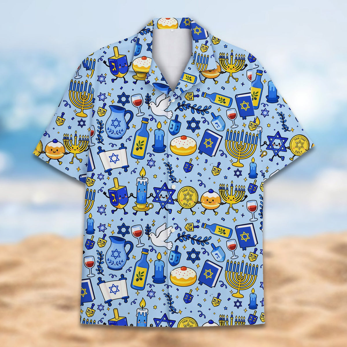 Close-up front view of hanukkah hawaiian shirt pattern