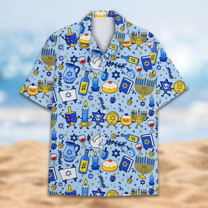 Close-up front view of hanukkah hawaiian shirt pattern