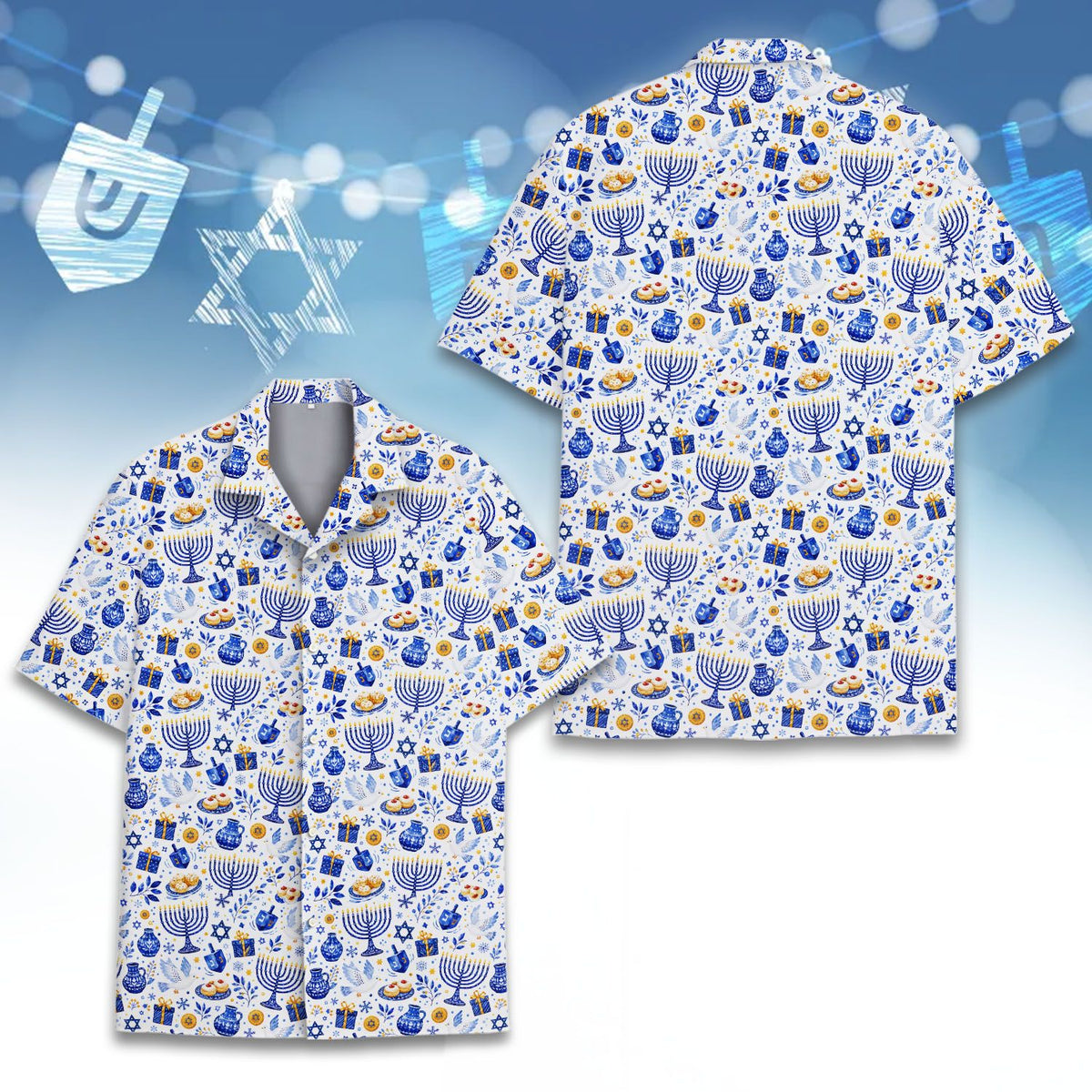 Close-up front view of the matching family Hanukkah Hawaiian shirt showing button details