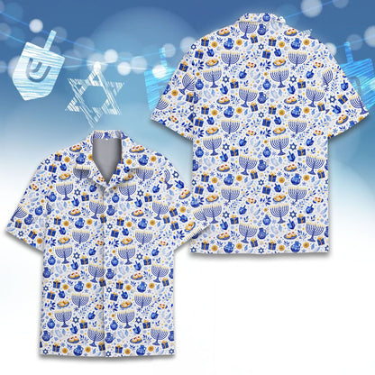 Close-up front view of the matching family Hanukkah Hawaiian shirt showing button details