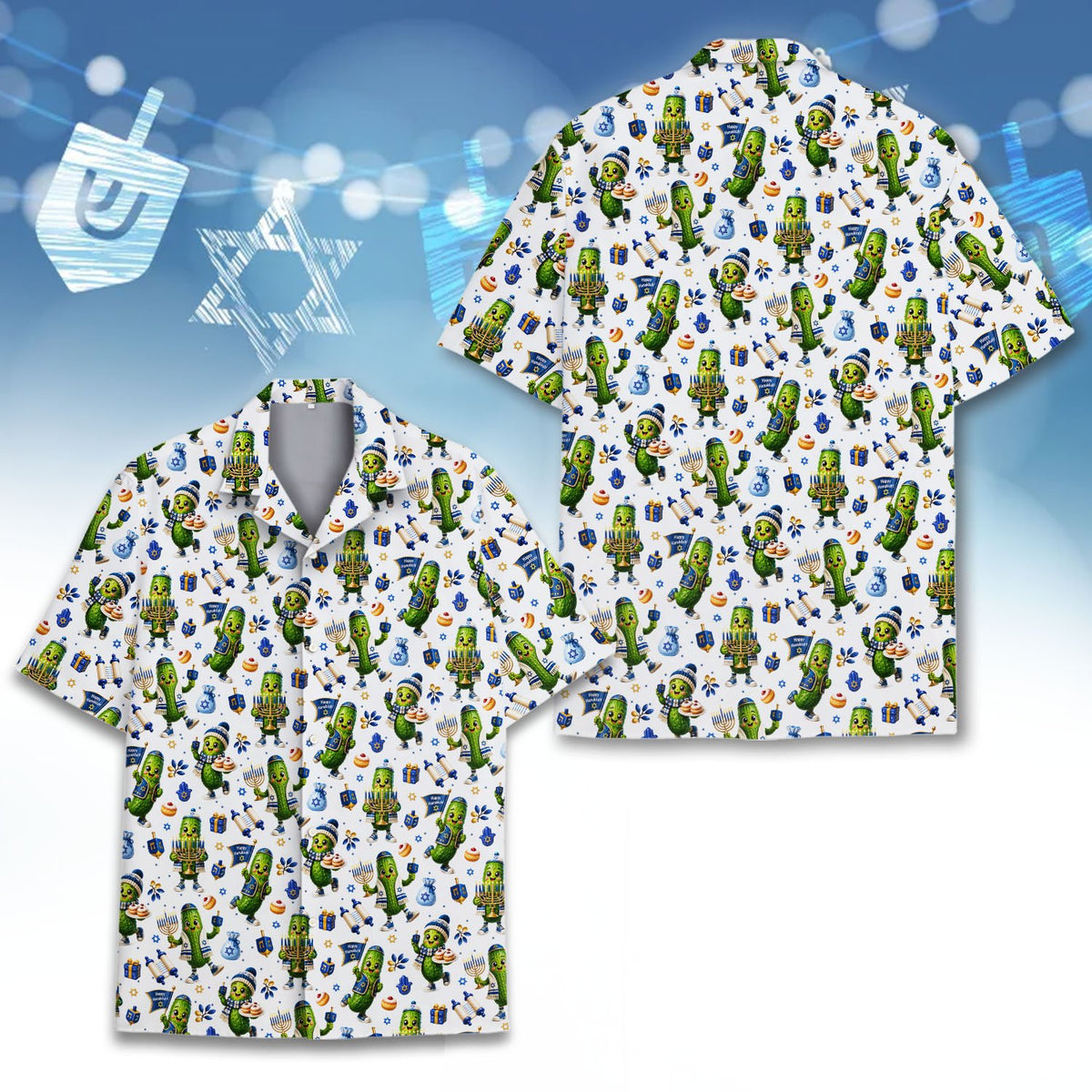 Detailed front view of the Hanukkah hawaiian shirt with menorahs and stars of David