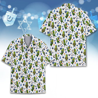 Detailed front view of the Hanukkah hawaiian shirt with menorahs and stars of David