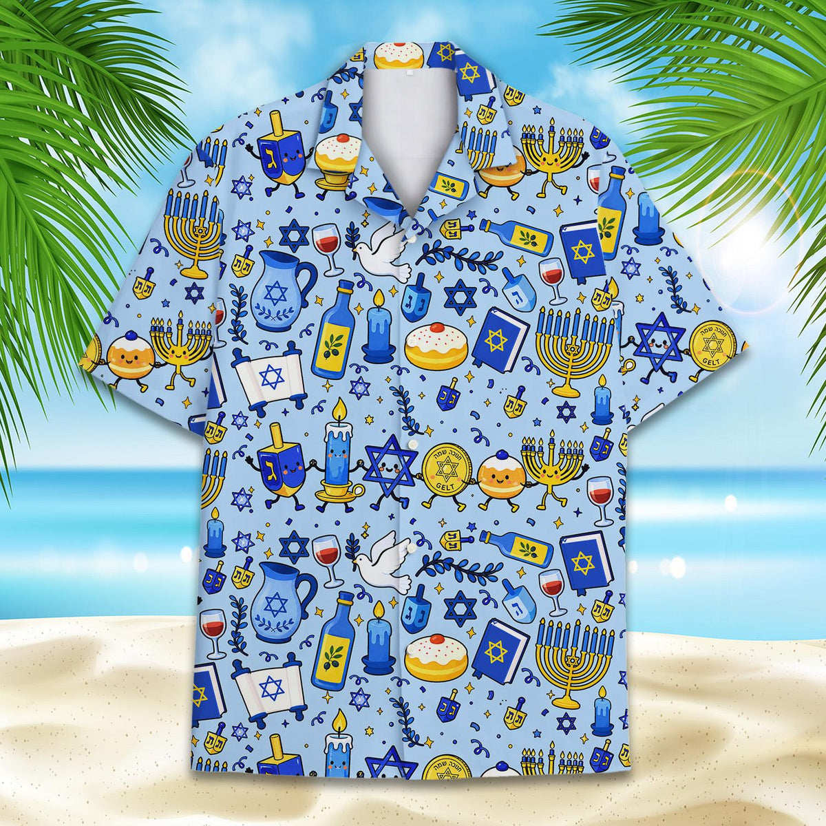 Detailed front view of hanukkah hawaiian shirt buttons and collar