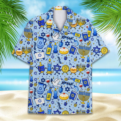 Detailed front view of hanukkah hawaiian shirt buttons and collar