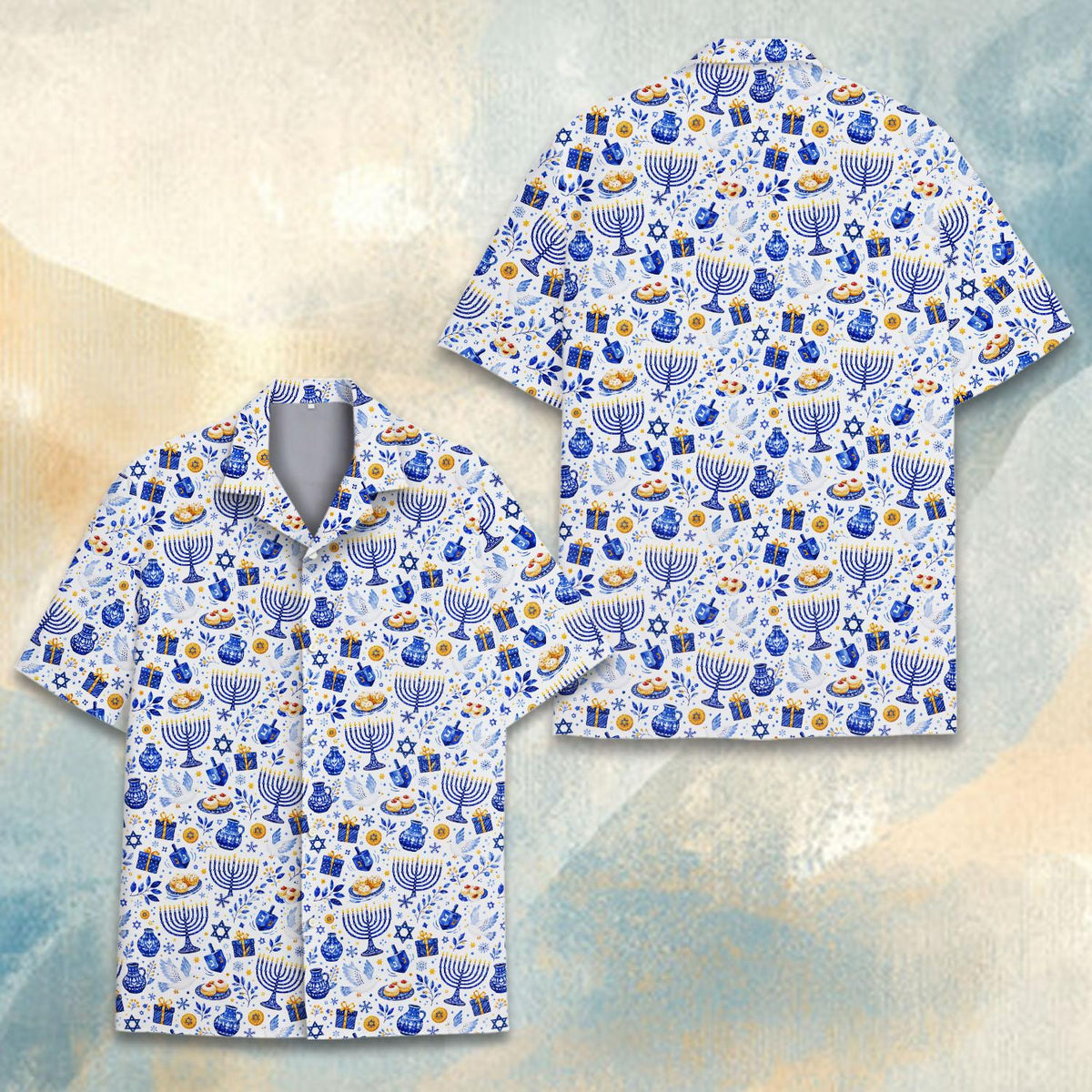 Another front view of the white Hanukkah Hawaiian shirt highlighting the Stars of David pattern