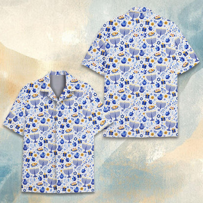 Another front view of the white Hanukkah Hawaiian shirt highlighting the Stars of David pattern