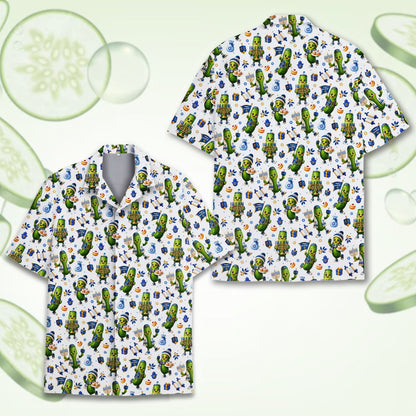 Close up of the Hanukkah hawaiian shirt collar and button details