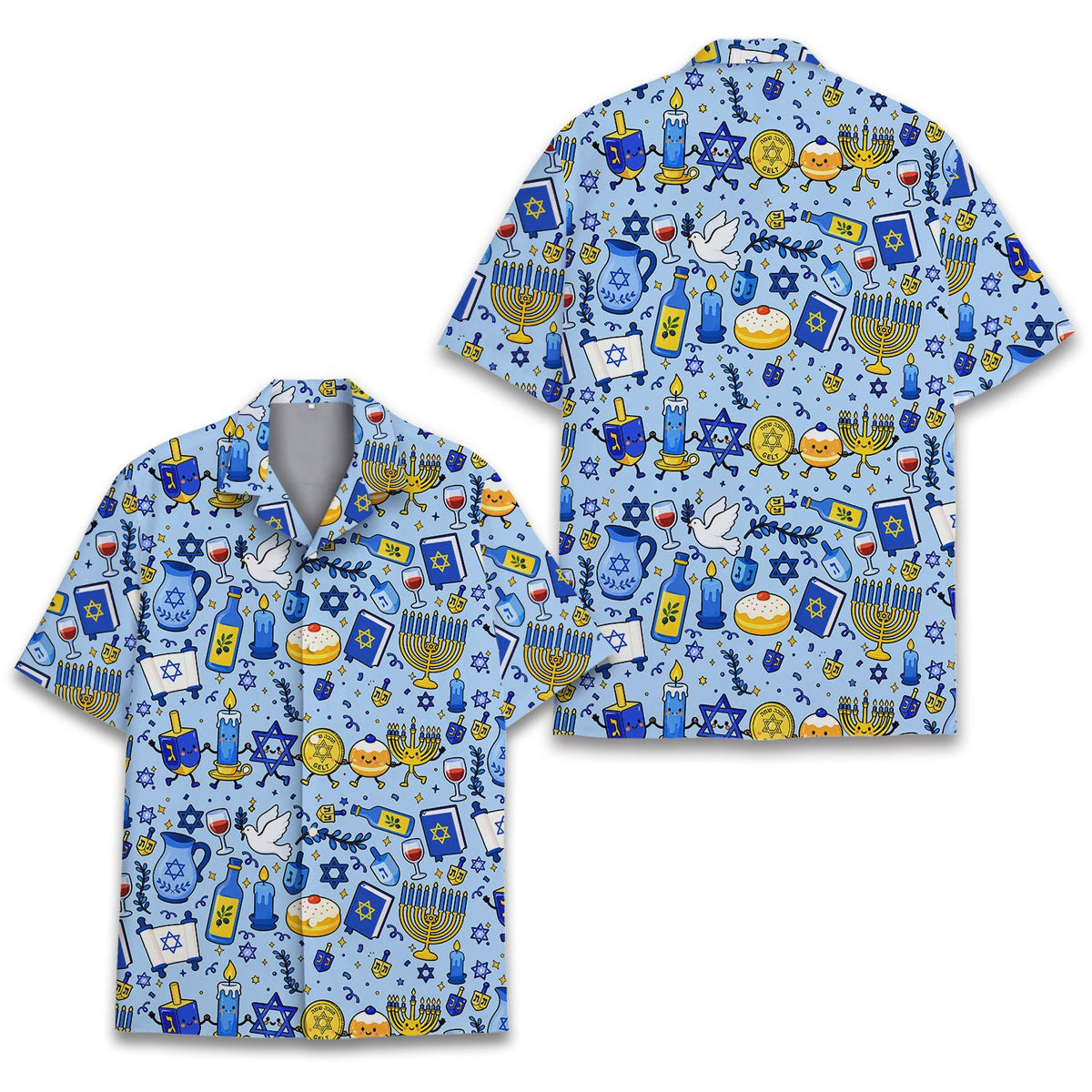 Full front view of the light blue holiday hawaiian shirt