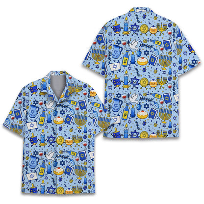 Full front view of the light blue holiday hawaiian shirt