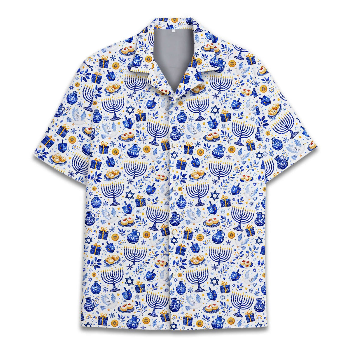 Detailed front view of the Hanukkah holiday Hawaiian shirt