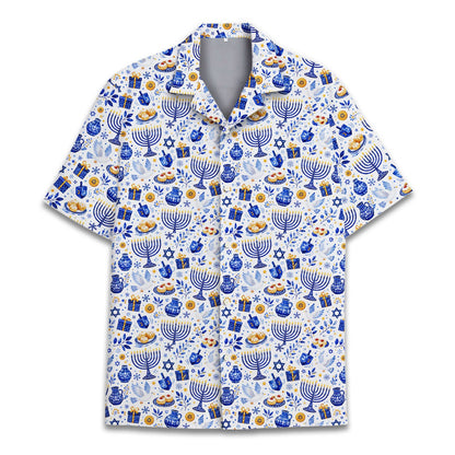 Detailed front view of the Hanukkah holiday Hawaiian shirt