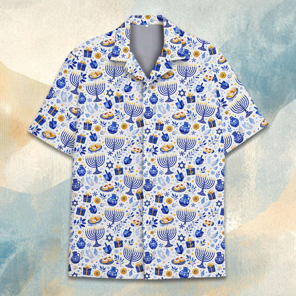 Front angle of the white Hanukkah Hawaiian shirt showing sleeve length