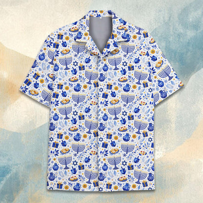 Front angle of the white Hanukkah Hawaiian shirt showing sleeve length