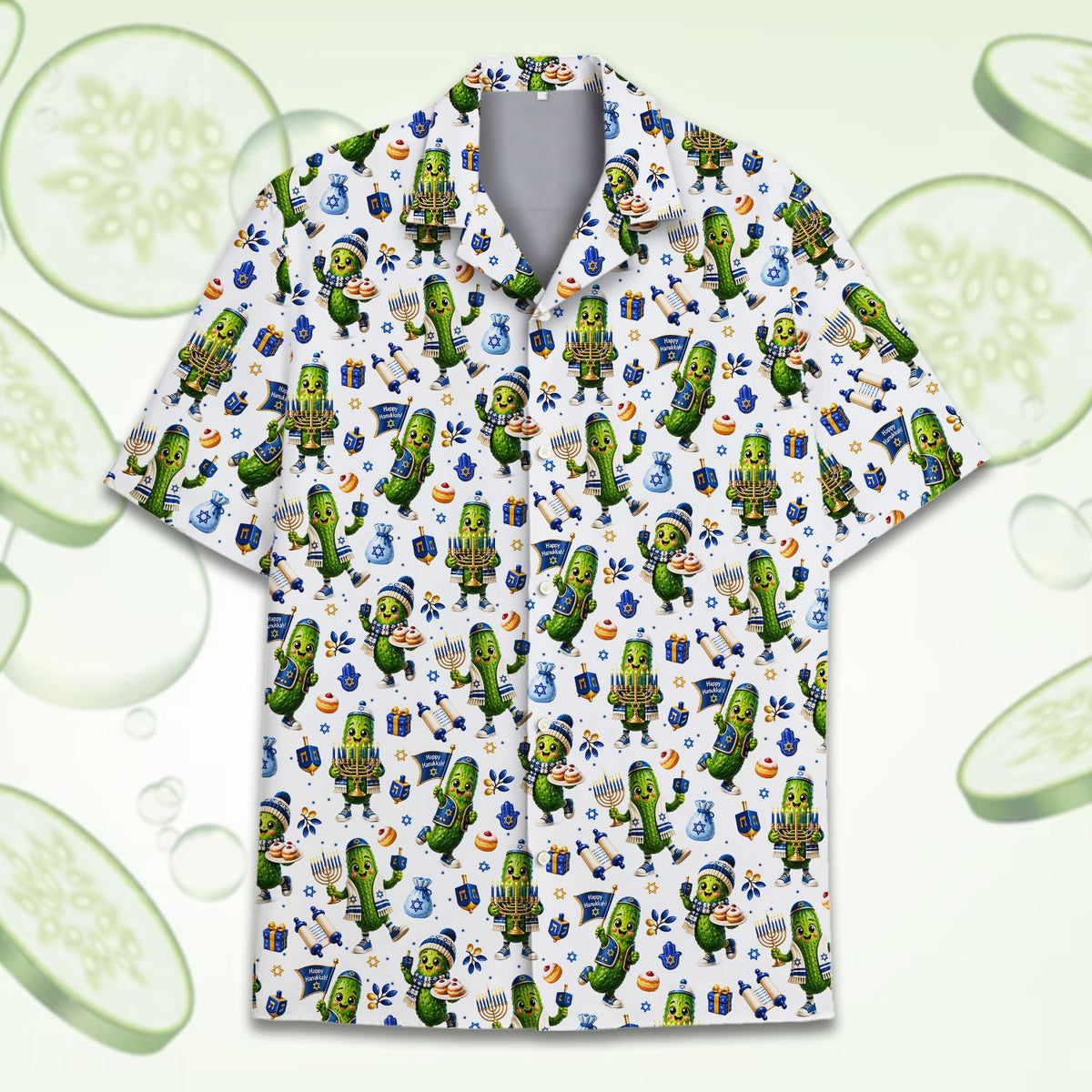 Angled front view of the Hanukkah pickle pattern hawaiian shirt