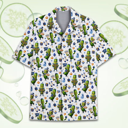 Angled front view of the Hanukkah pickle pattern hawaiian shirt