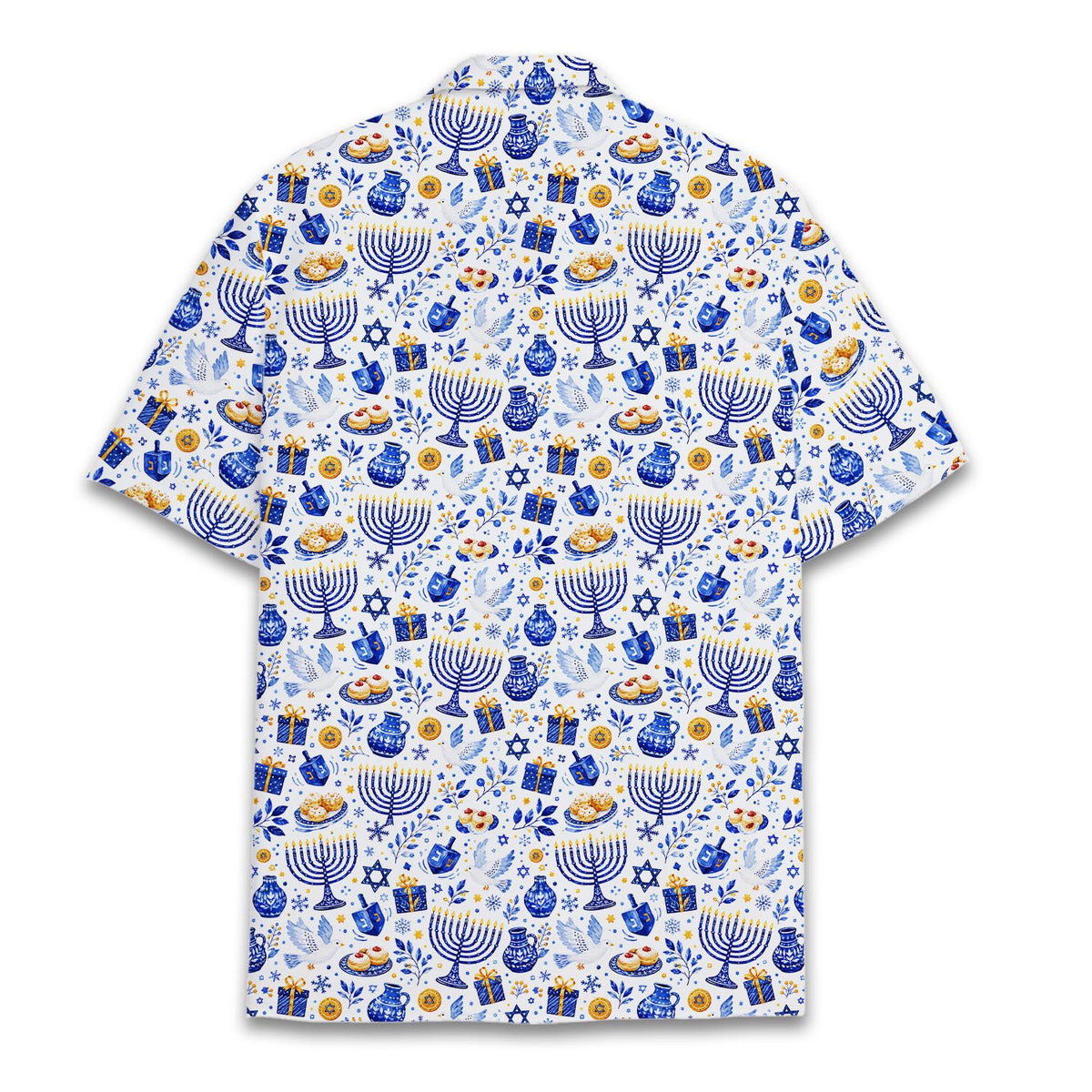 Full front view of the Hanukkah Hawaiian shirt with olive branches and gifts