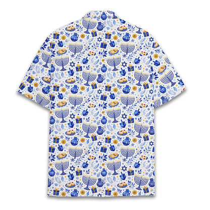 Full front view of the Hanukkah Hawaiian shirt with olive branches and gifts
