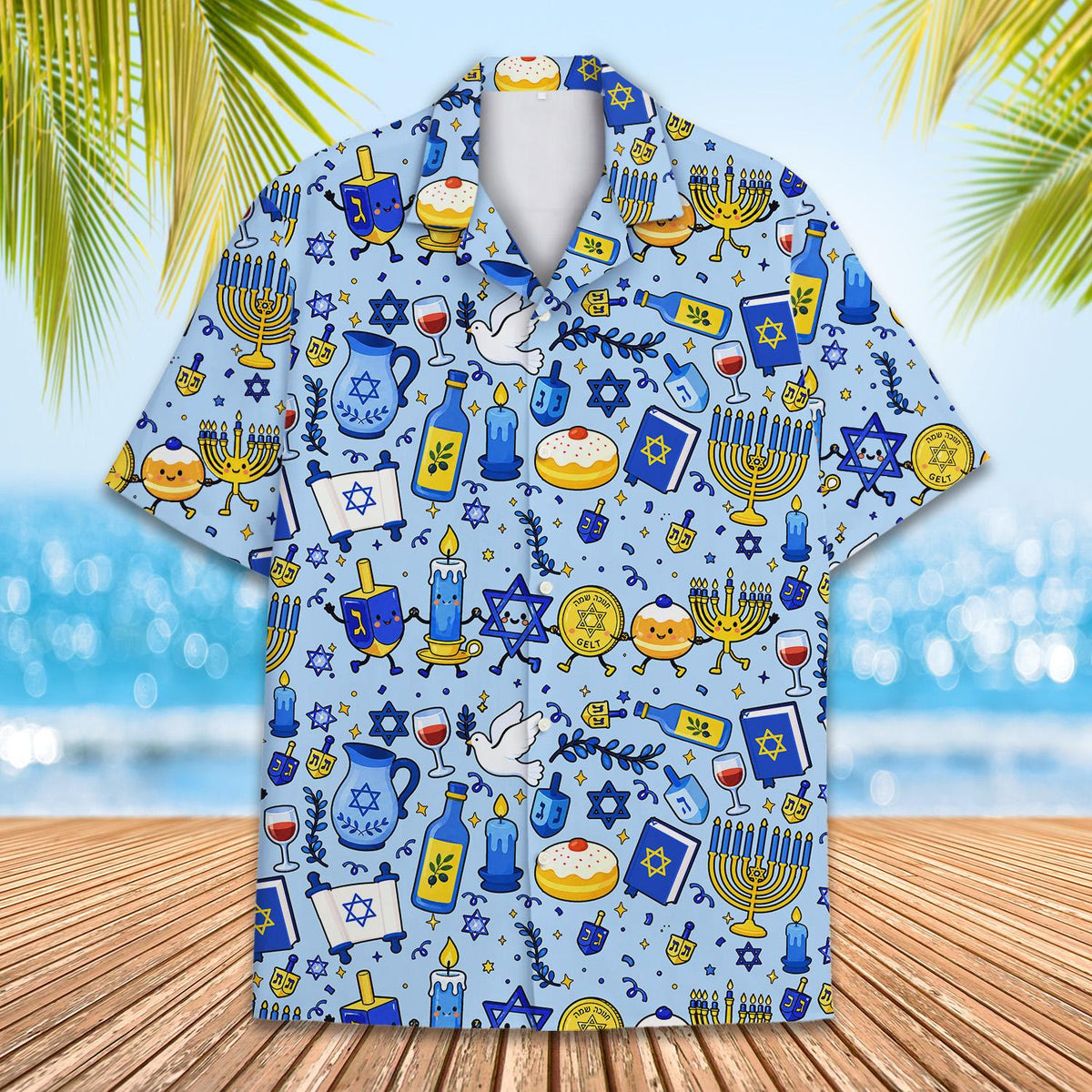 Front view of light blue hanukkah hawaiian shirt