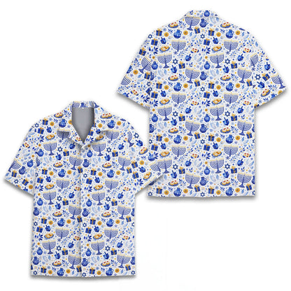White Hanukkah Hawaiian shirt featuring an all-over print of menorahs and dreidels, main front view