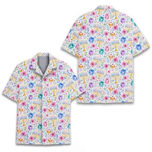 Front view of the winter hawaiian shirt featuring watercolor Hanukkah elements on a white background