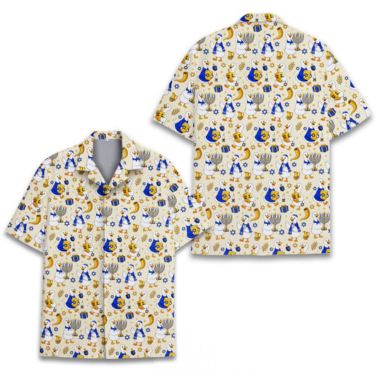 Beige hanukkah hawaiian shirt with duck and menorah pattern, front view