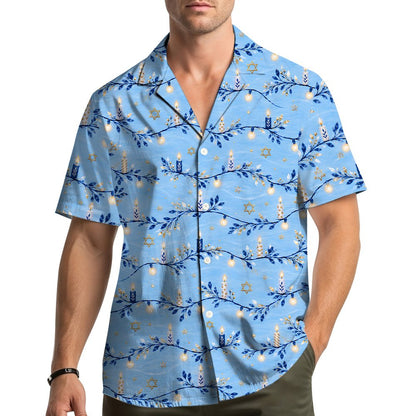 Light blue hanukkah hawaiian shirt featuring lit candles and Stars of David, main view