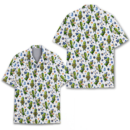 Hanukkah hawaiian shirt with cartoon pickles and dreidels pattern, front view