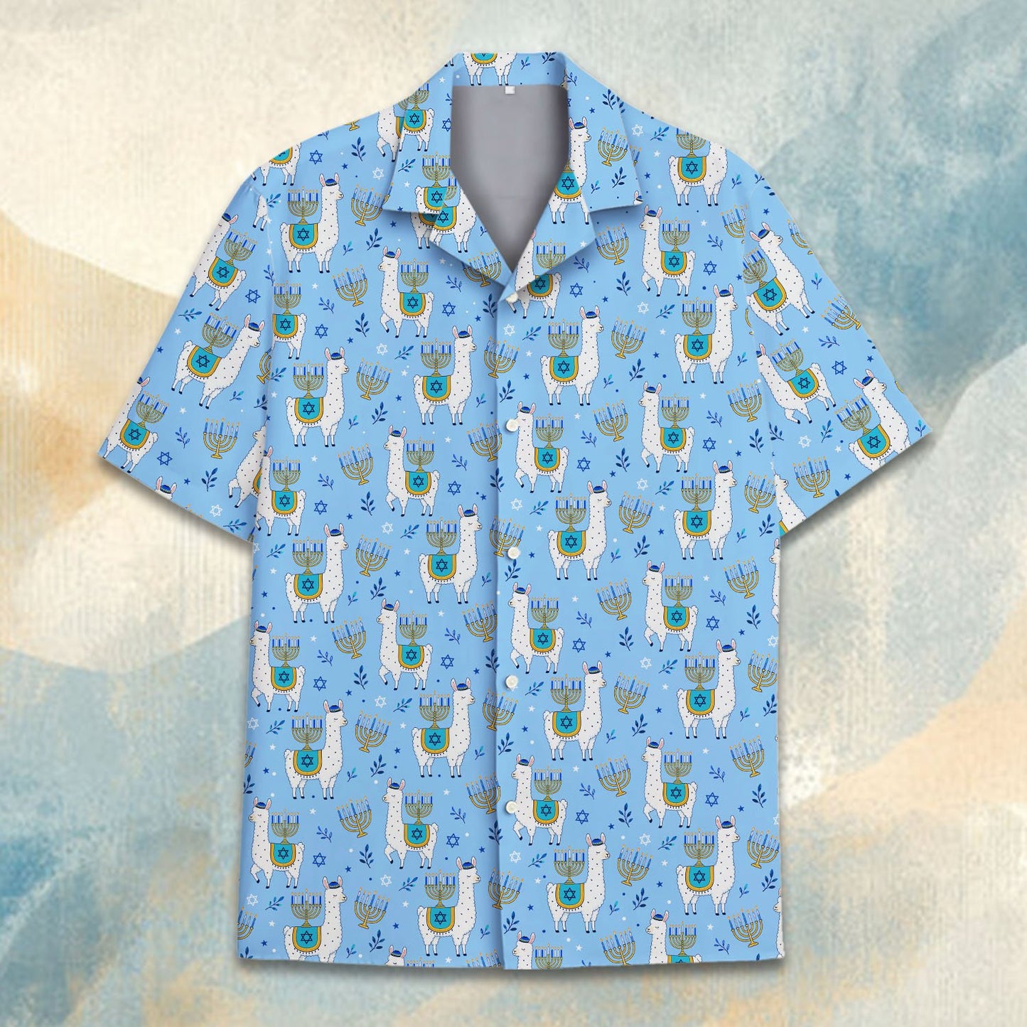 Hanukkah hawaiian shirt with llamas and menorahs on light blue background, front view.