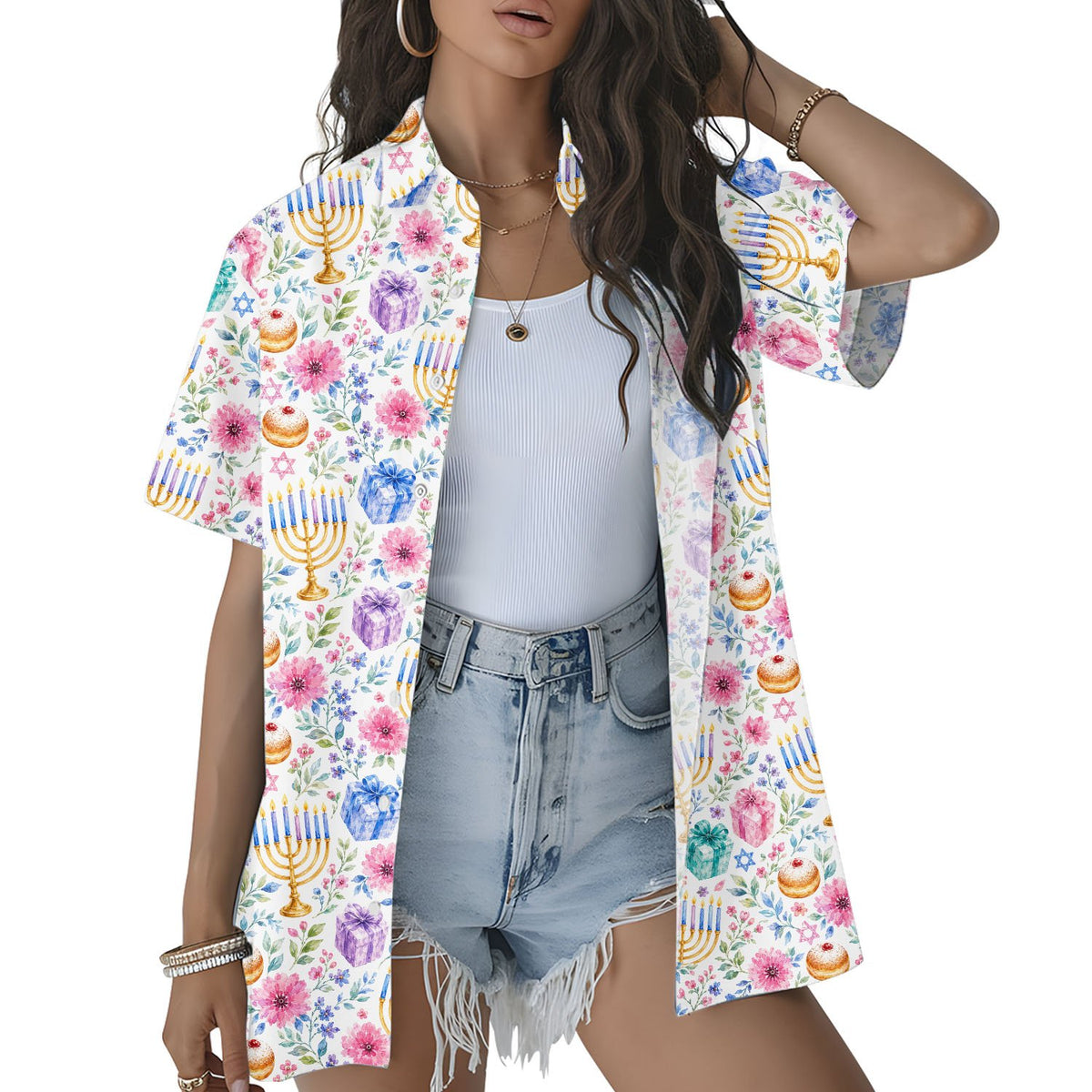 Another lifestyle angle of the watercolor Hanukkah family shirt
