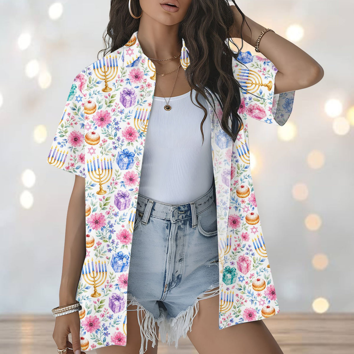 Lifestyle image of the festive winter hawaiian shirt styled for a holiday gathering