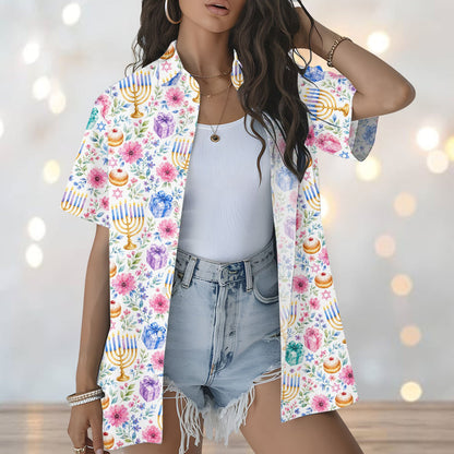 Lifestyle image of the festive winter hawaiian shirt styled for a holiday gathering