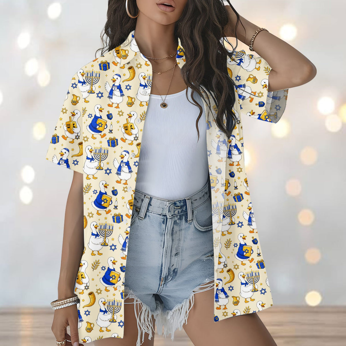 Lifestyle angle showing the short-sleeve button-up design
