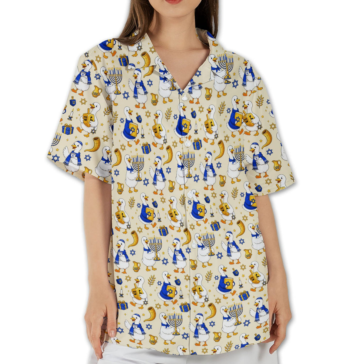 Festive lifestyle photo featuring the hanukkah hawaiian shirt