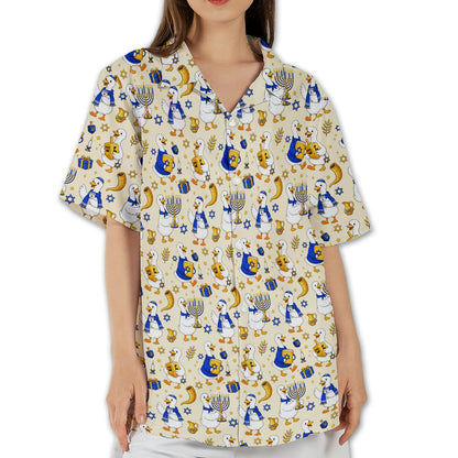 Festive lifestyle photo featuring the hanukkah hawaiian shirt