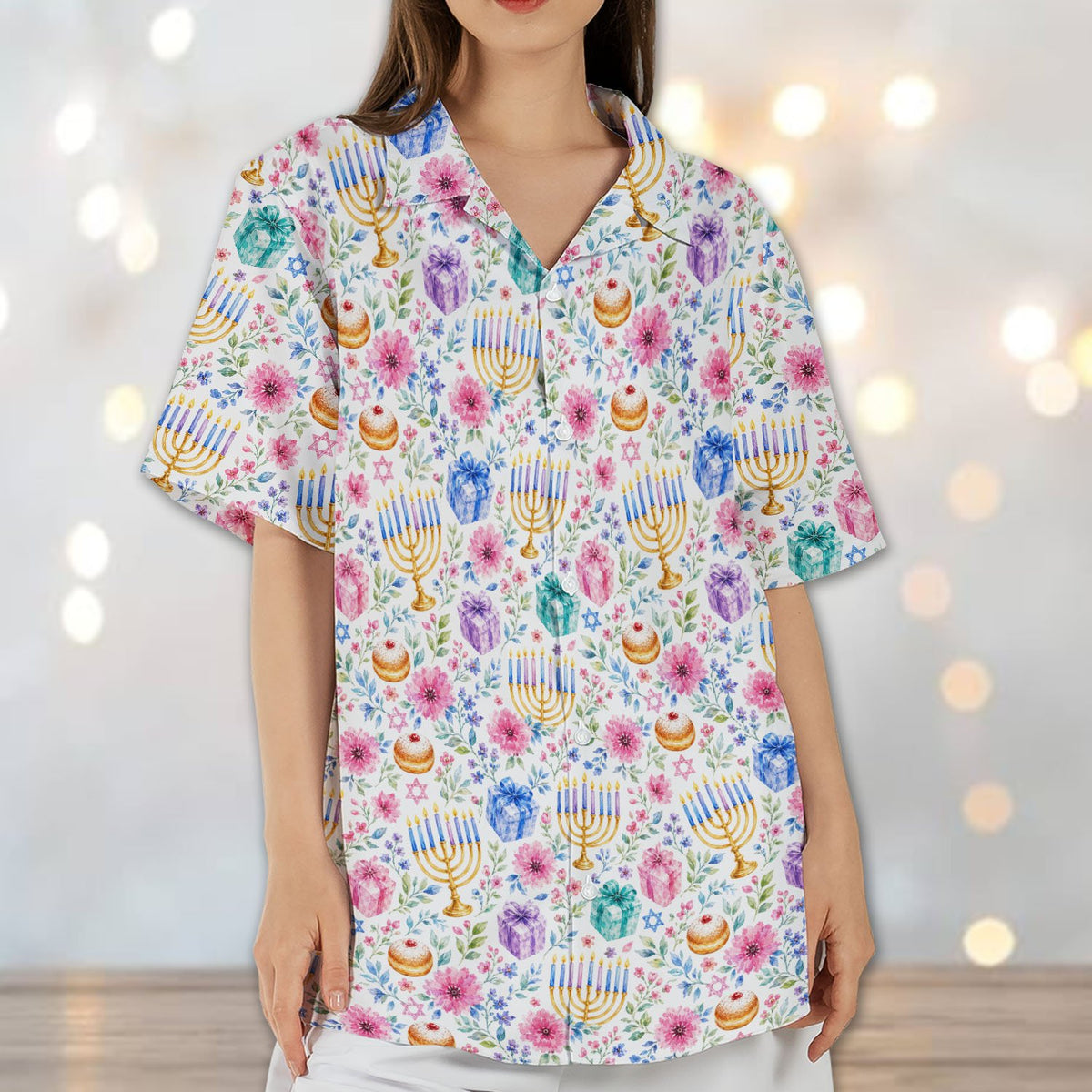 Lifestyle view of the button-down Hanukkah shirt